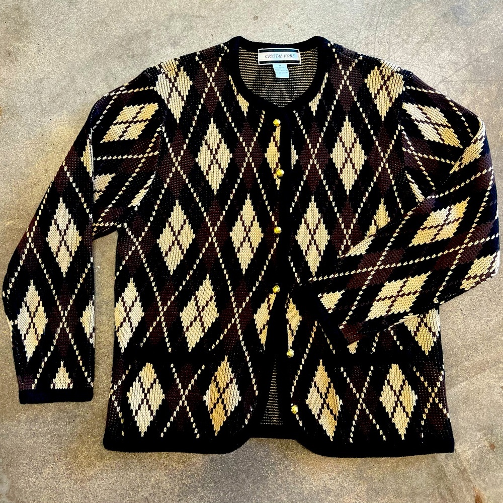 CRYSTAL - KOBE Vintage Classic Argyle button up Sweater with diamond shapes sz m